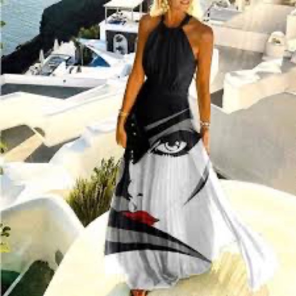 New w/Tags.  Off Shoulder Halter Maxi Dress -  Face Pattern